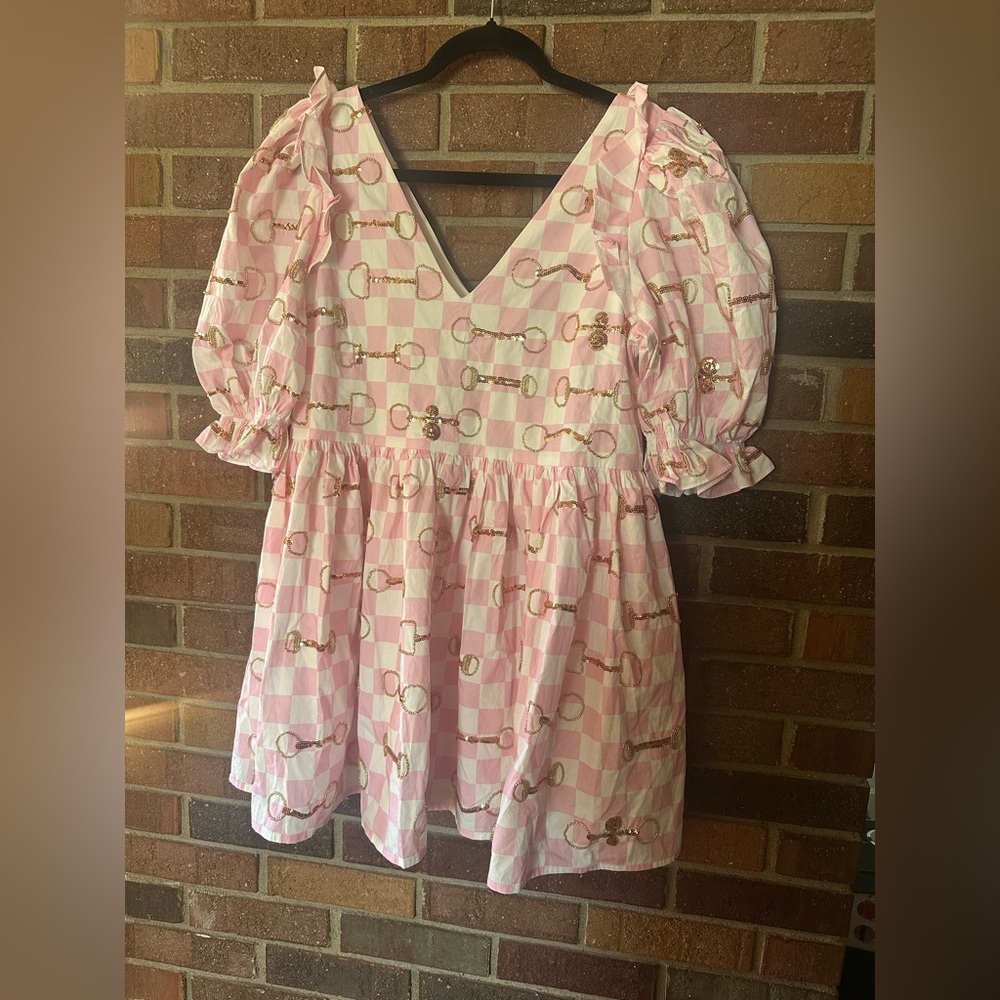 QUEEN OF SPARKLES checkered horse bit cotton dress in pink white